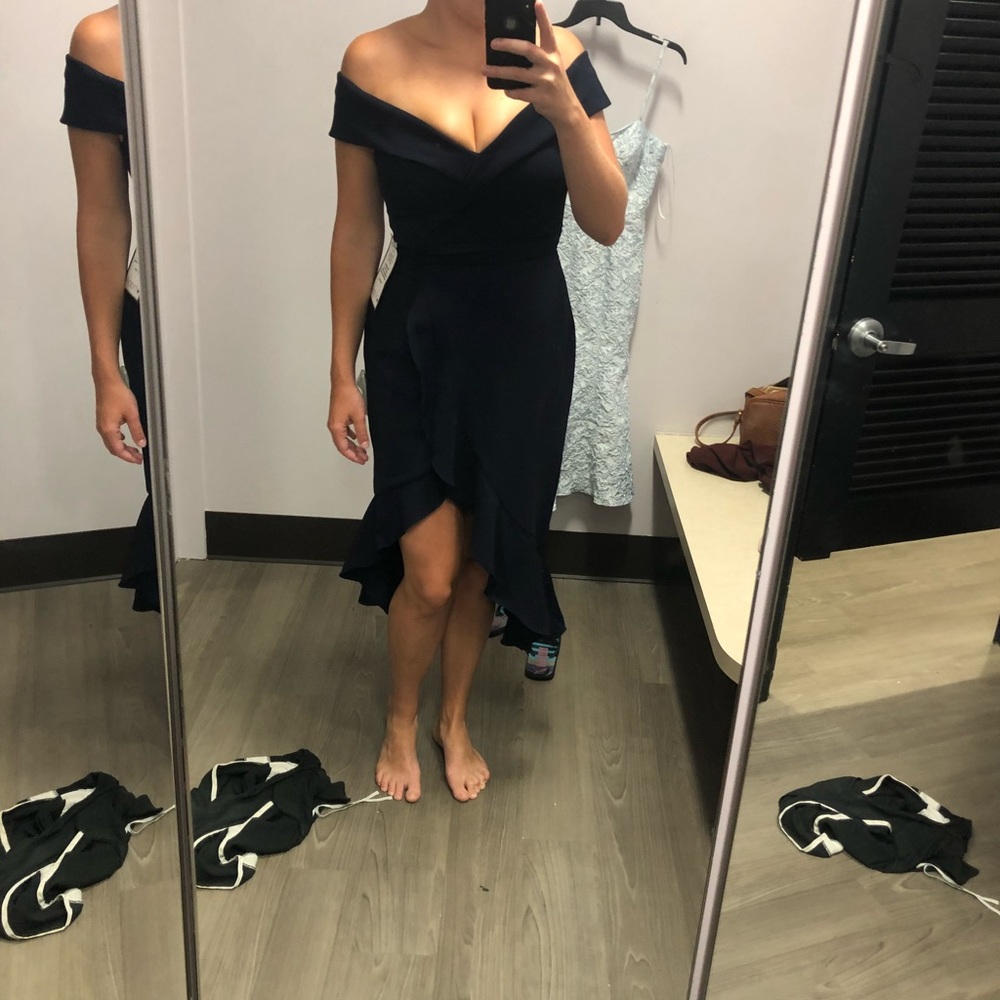 Off the Should Navy High Low Ruffle Dress